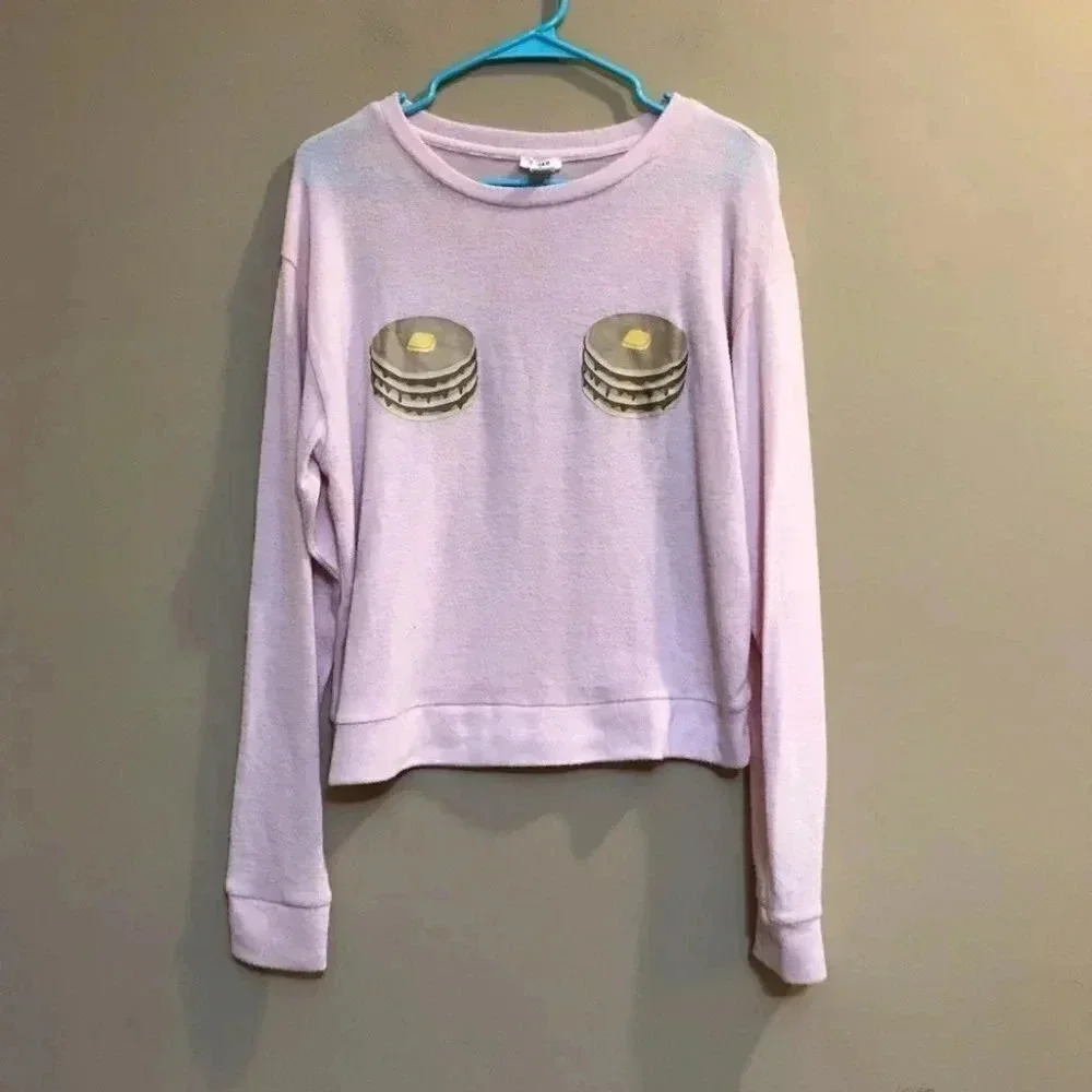Forever 21 Womens Size Large Long Sleeve Cropped Sweater Pink Pancakes